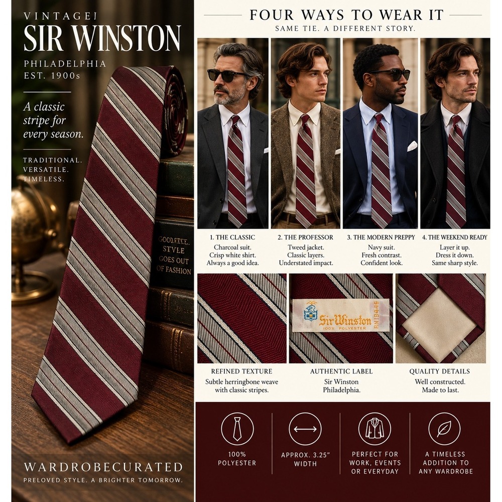 Vintage Sir Winston Philadelphia Mens Burgundy Grey Striped Tie RN18446